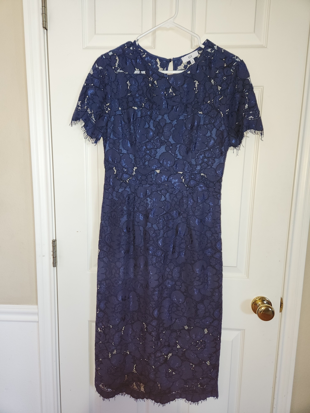 Lace Sheath Dress in Navy - Women's Elegant Short Sleeve Dress